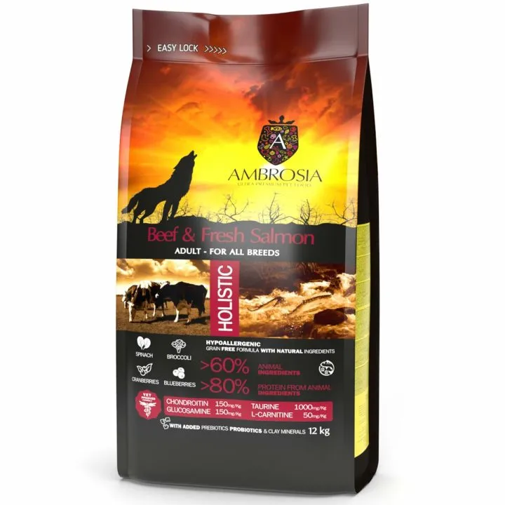 Krmivo Ambrosia Wołowina i Świeży Łosoś Dospelý Býk Lososová 12,7 KG 12 kg