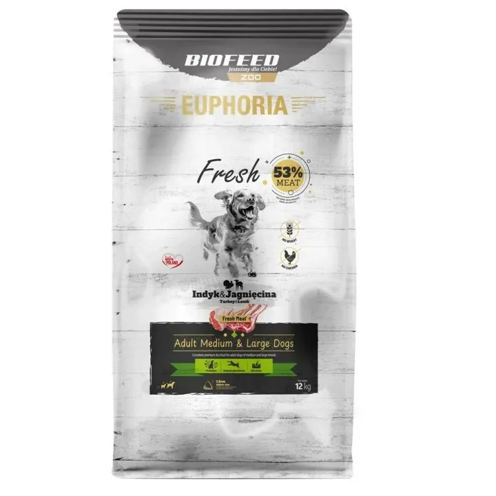Krmivo Biofeed Euphoria Fresh Adult Medium & Large Turkey with lamb Páv 12 kg Dospelý 12,7 KG
