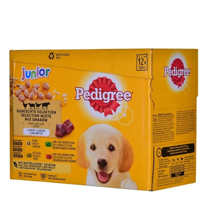 Mokré jedlo Pedigree unior Selection Kurča Teľacie mäso Baránok Vtáky 100 g 12 x 100 g